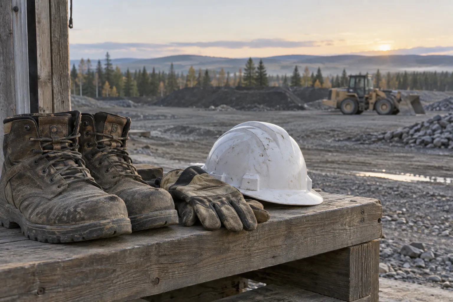 Work boots, gloves and a hard hat at a gravel worksite