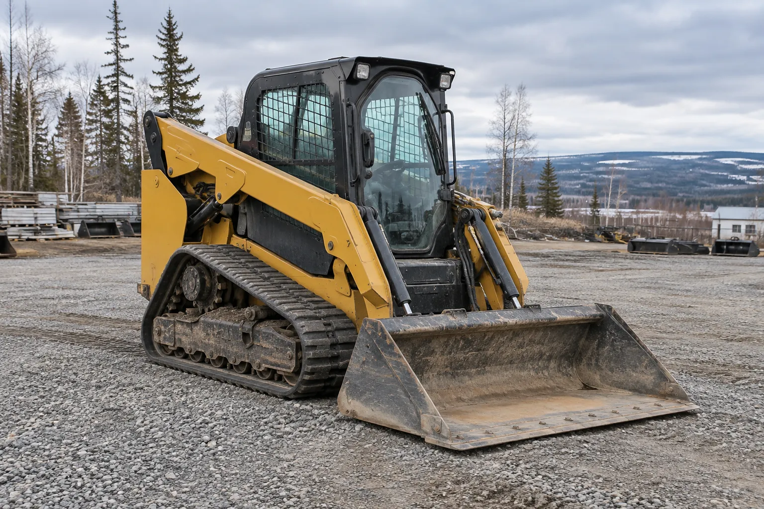 Tracked loader with its bucket lowered in a gravel yard