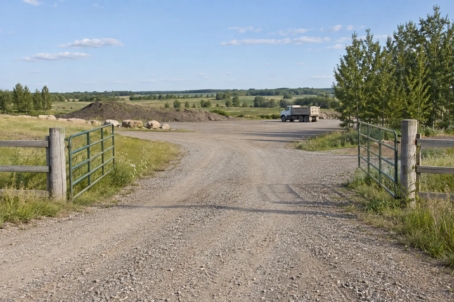 Open farm entrance with a wide gravel approach