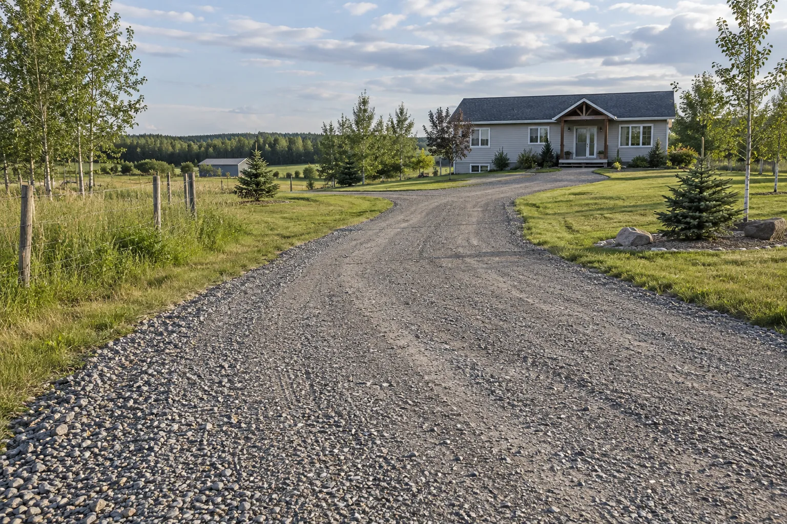 Gravel driveway leading toward a rural farmhouse