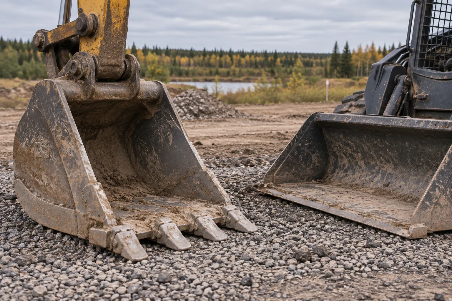 Excavator bucket and loader attachment resting on gravel