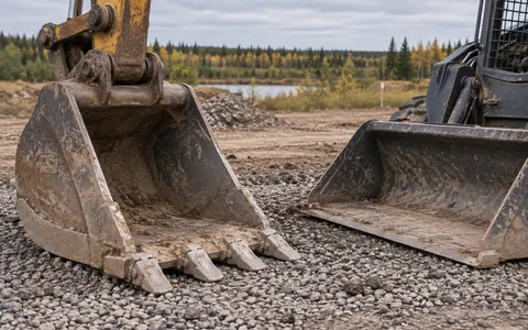Excavator bucket and loader attachment resting on gravel