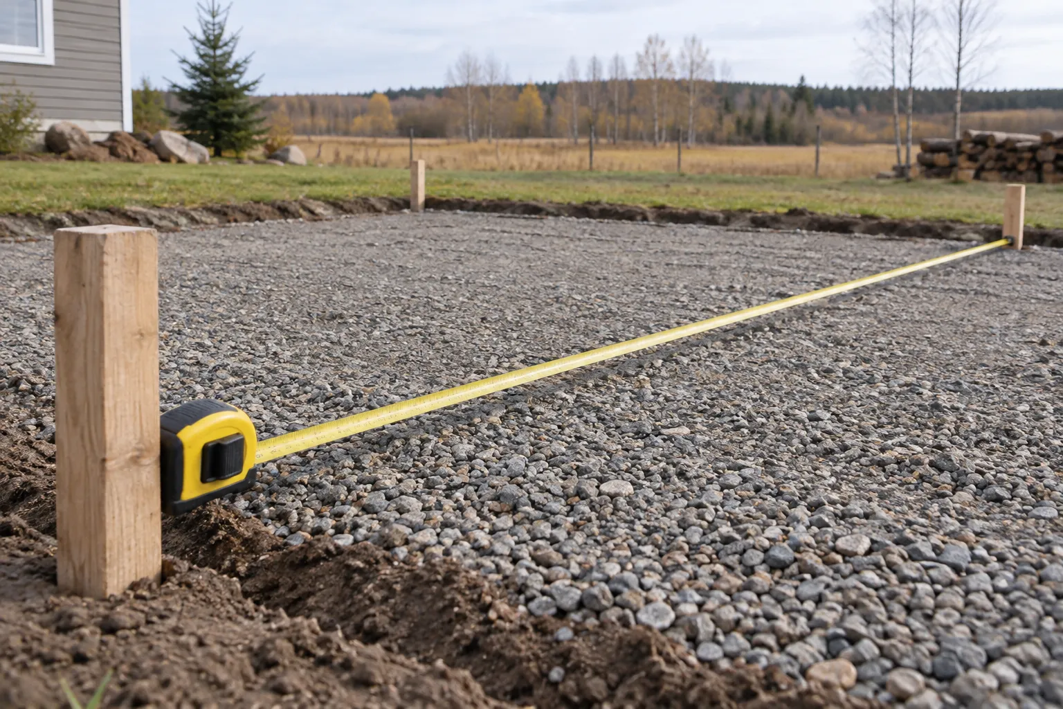 Tape measure and stakes beside a gravel project area