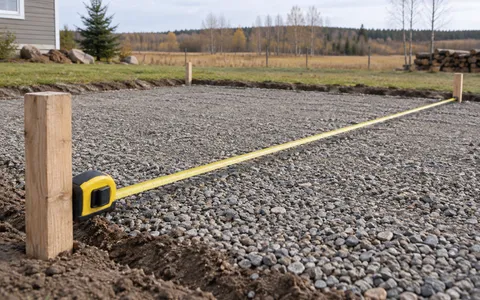 Tape measure and stakes beside a gravel project area
