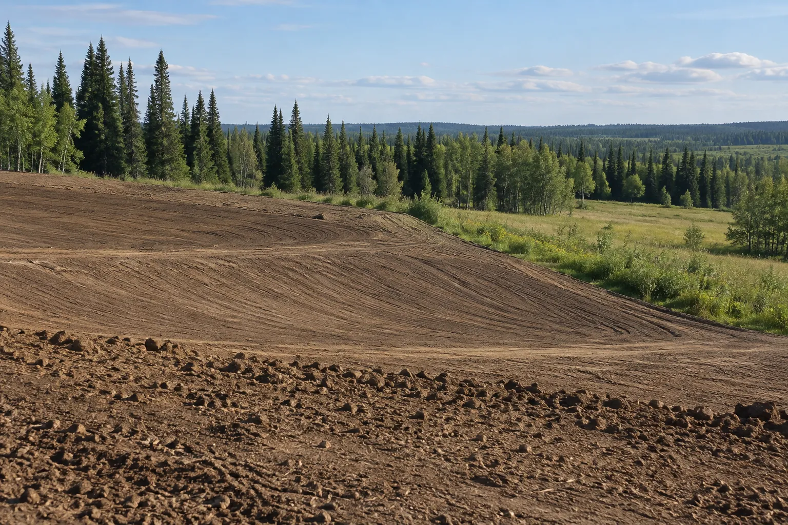 Recontoured ground transitioning toward meadow and woodland