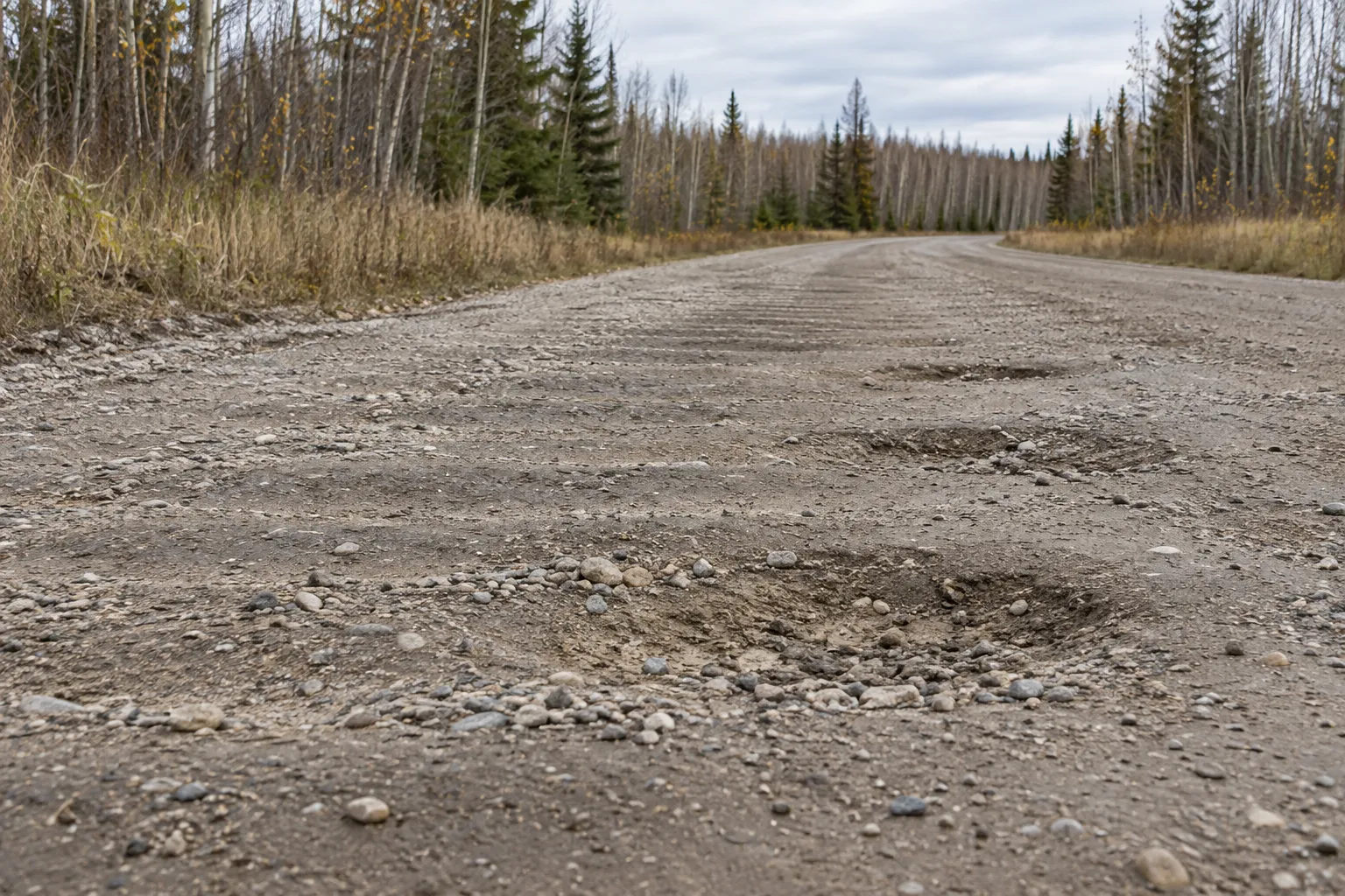 Potholes and washboard on a private gravel access road