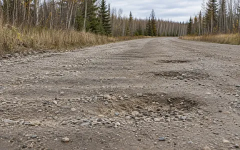 Potholes and washboard on a private gravel access road