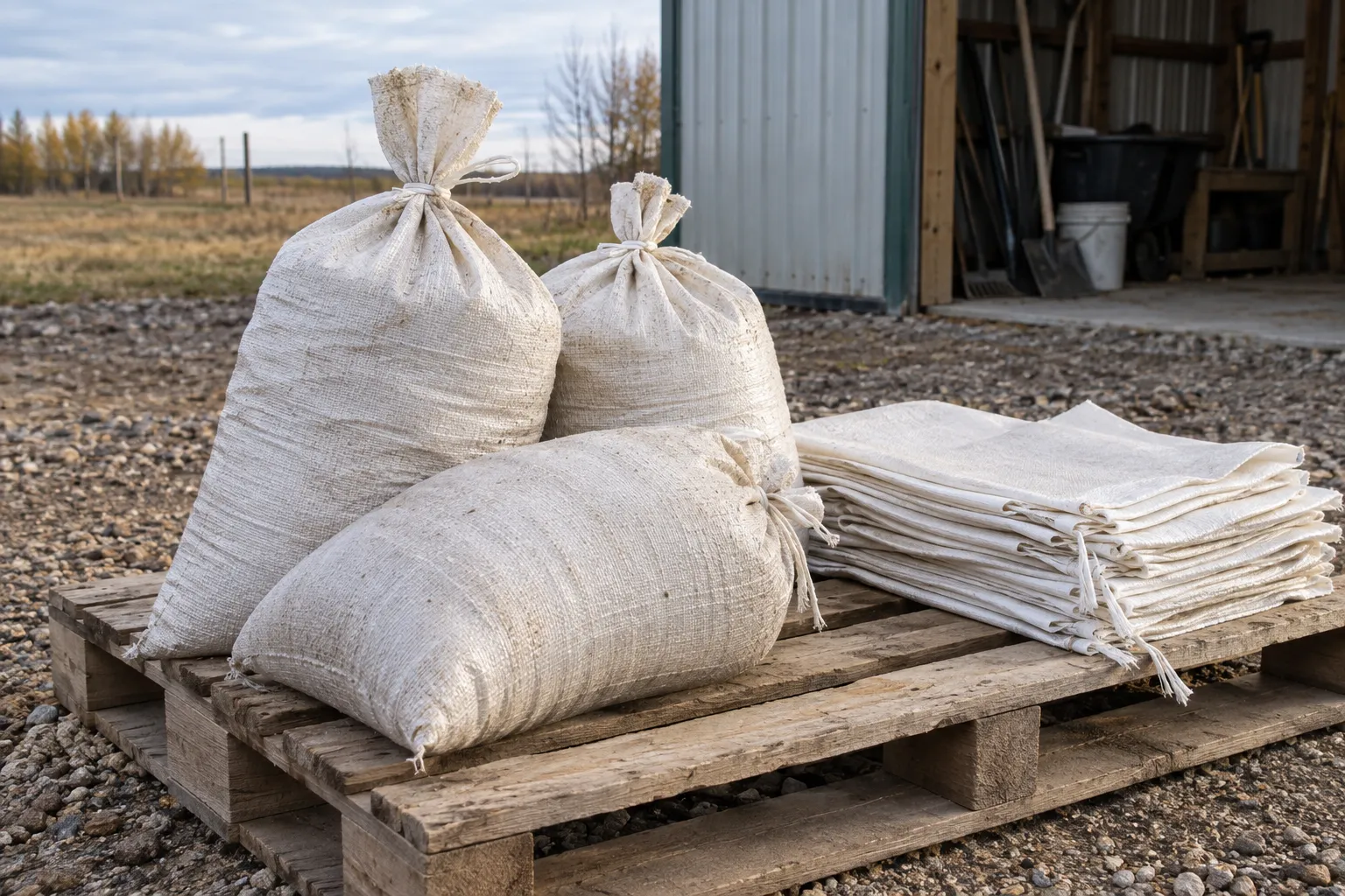 Filled sandbags and folded bags beside a storage shed