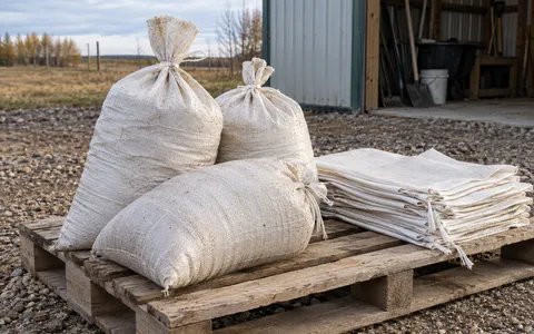 Filled sandbags and folded bags beside a storage shed