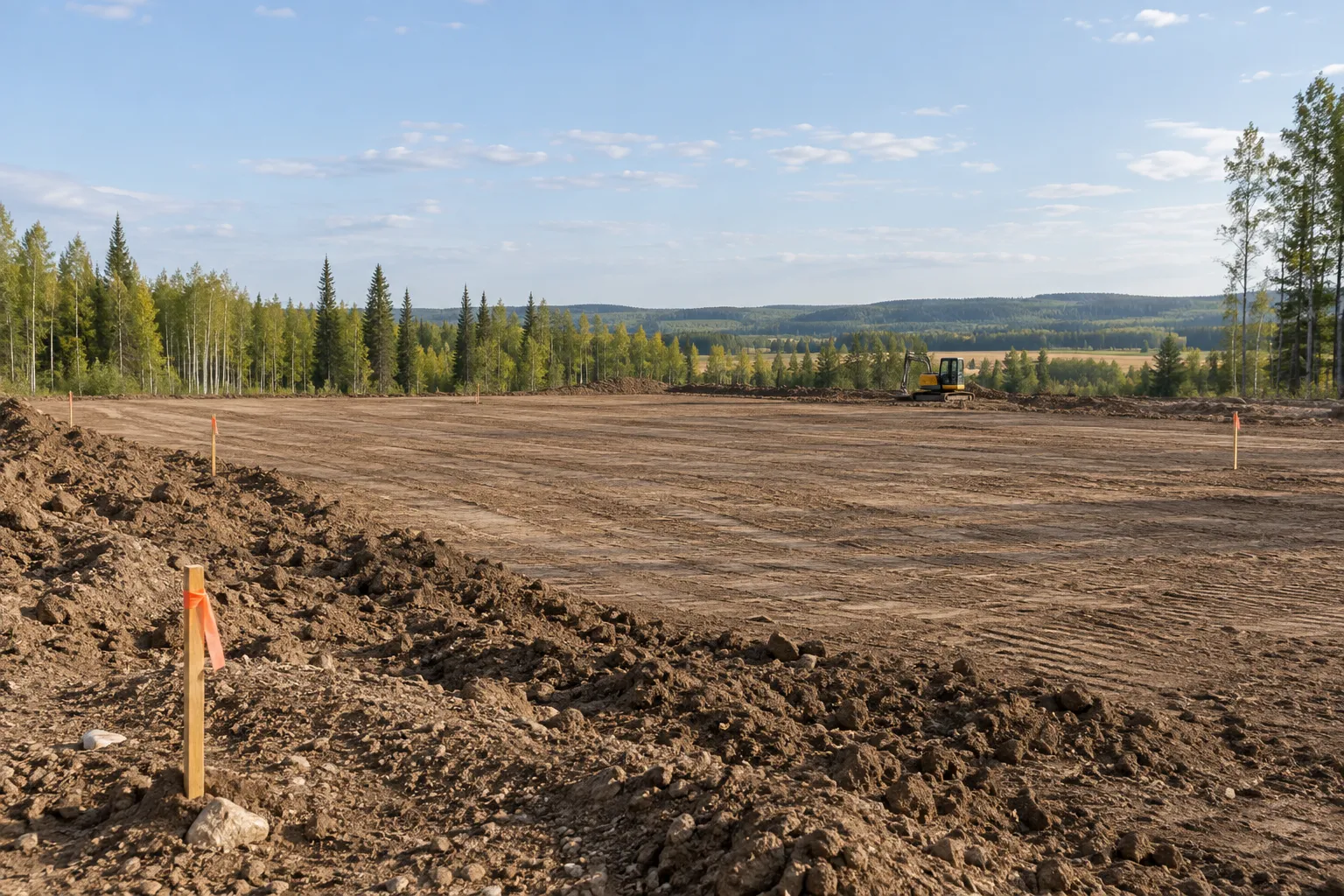 Survey stakes and a cleared earth pad on an acreage