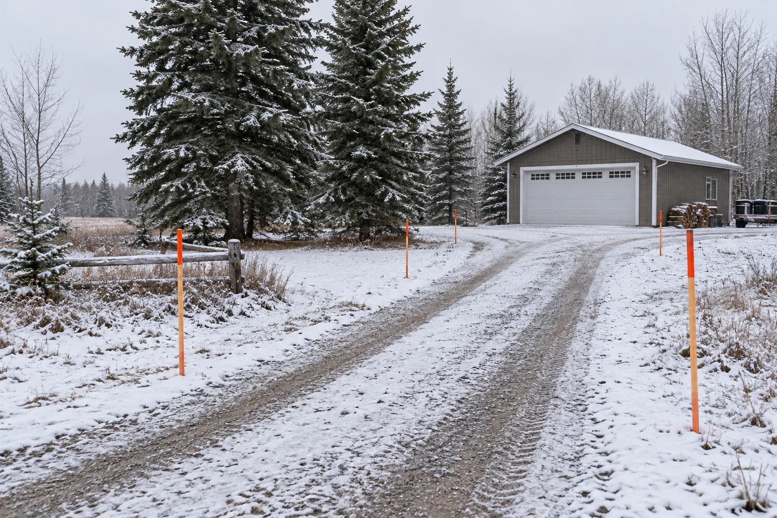 Driveway edge markers beside a rural garage after light snowfall