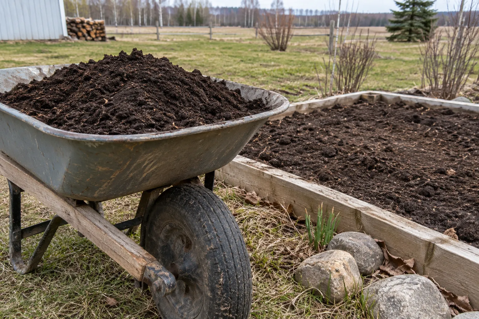 Dark topsoil in a wheelbarrow beside a garden bed