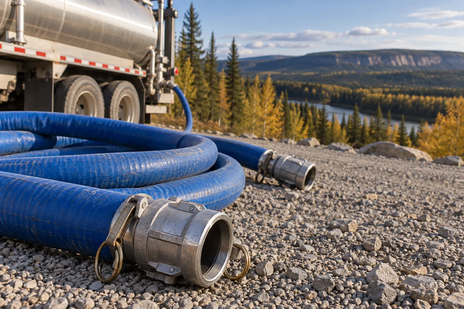 Industrial water hose and fittings on a gravel pad with a tanker behind