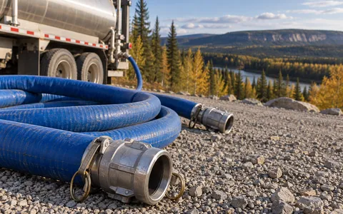 Industrial water hose and fittings on a gravel pad with a tanker behind
