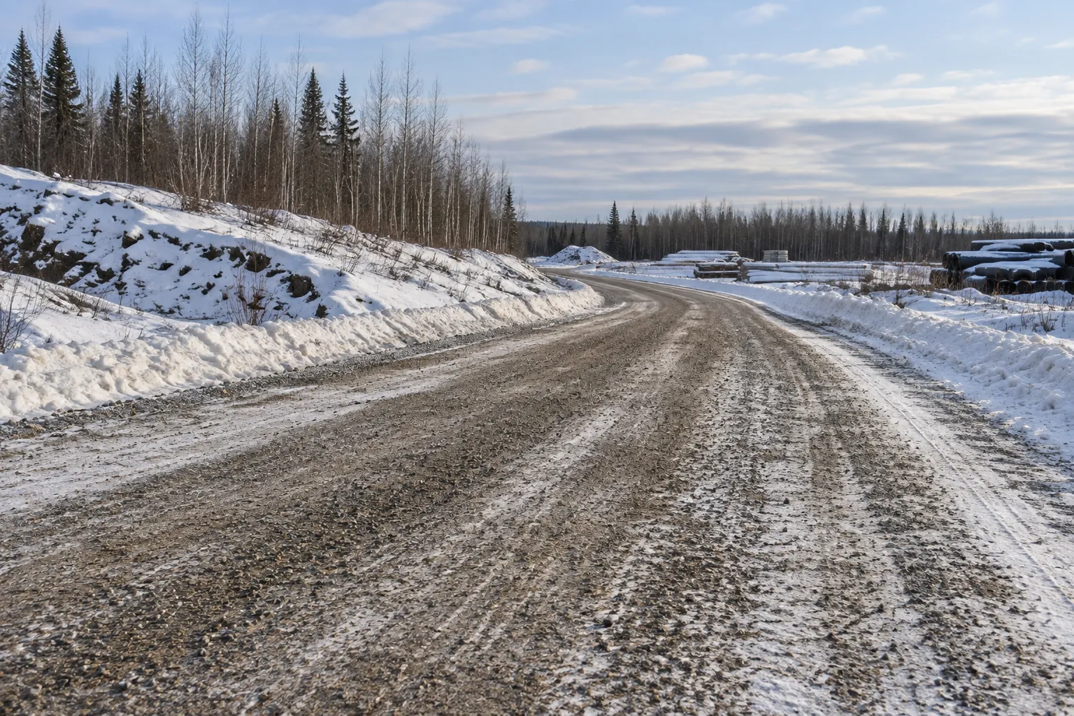 Sand aggregate on a snowy industrial access road