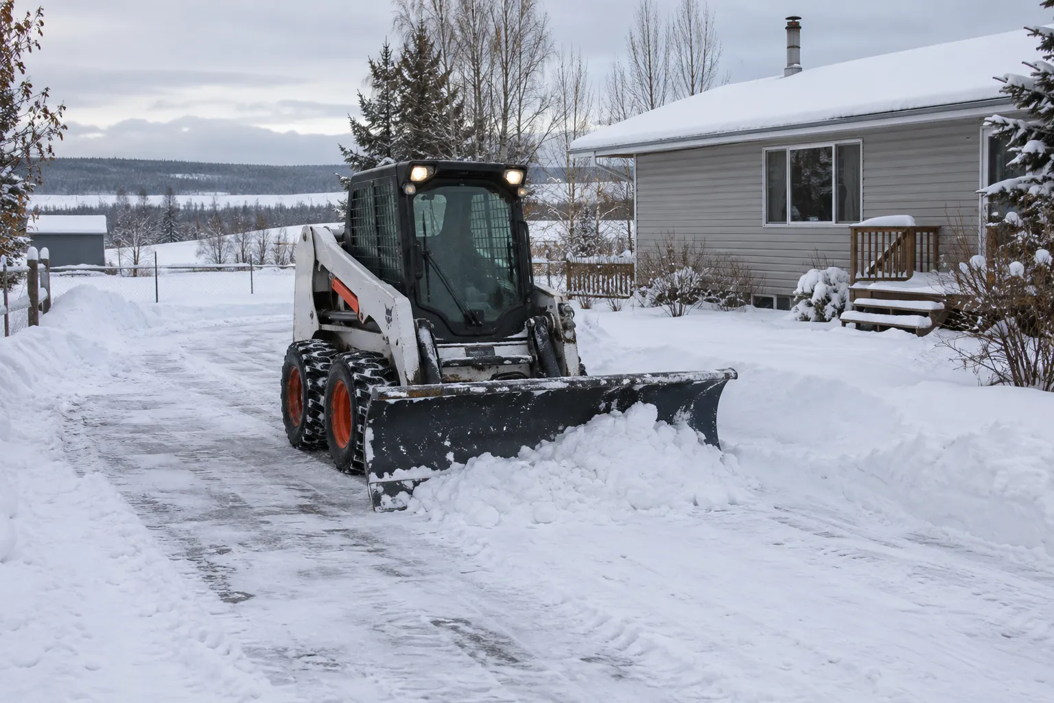 Skid steer clearing snow from a rural driveway