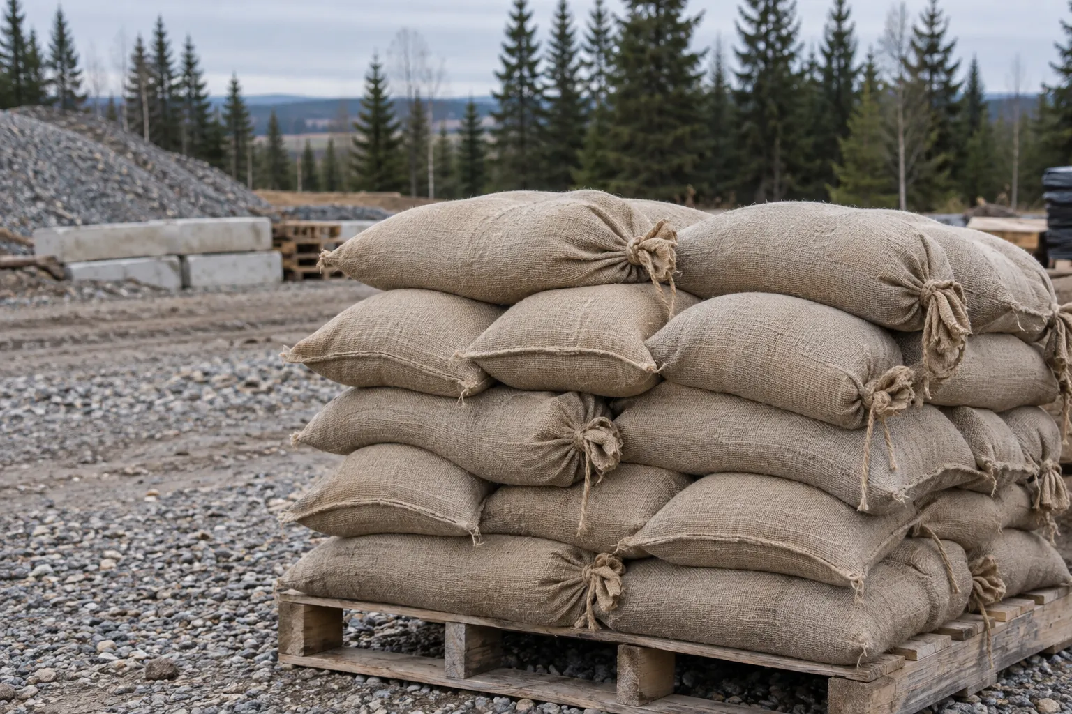 Filled sandbags stacked on a pallet