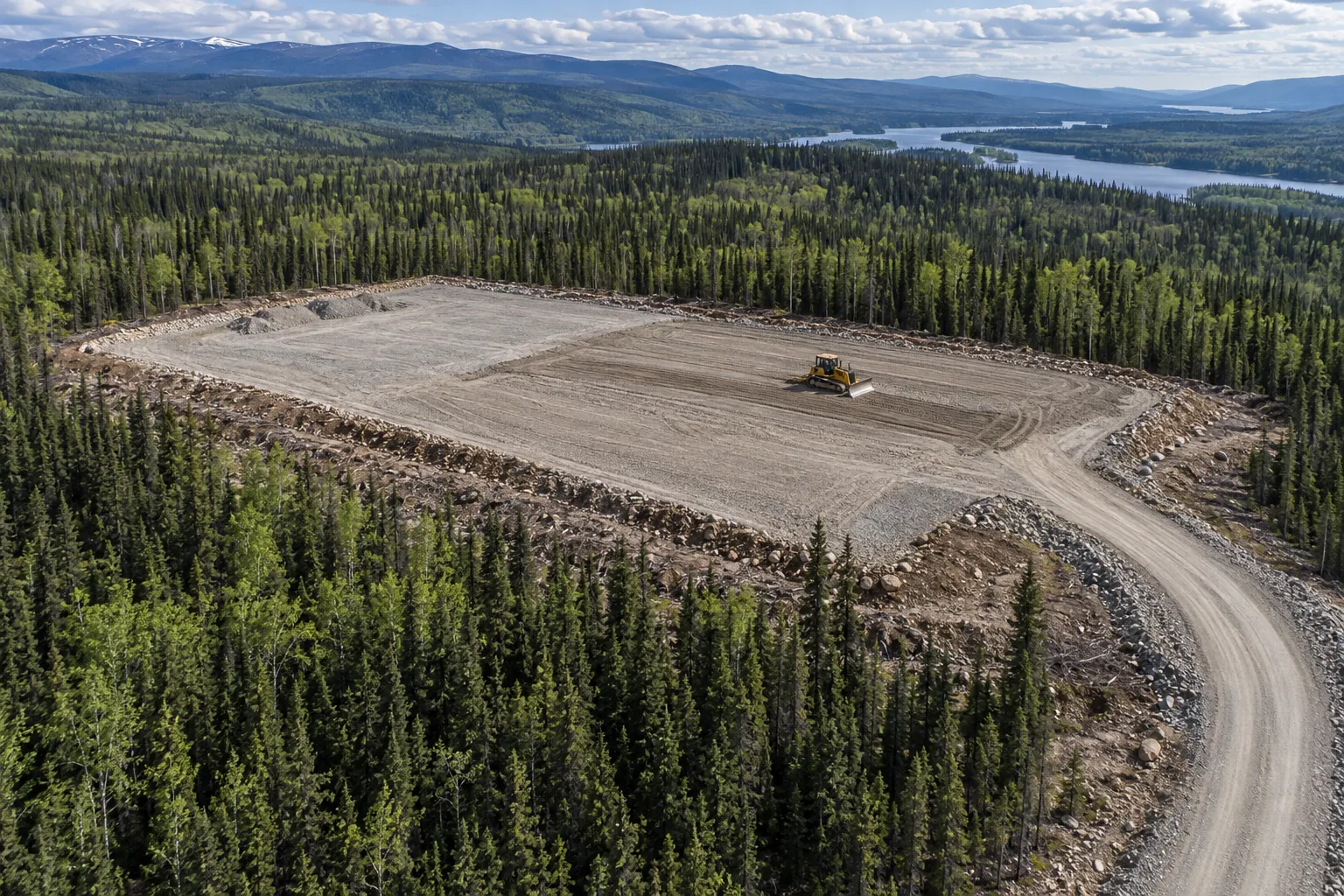 Aerial view of a bulldozer grading a forest lease site