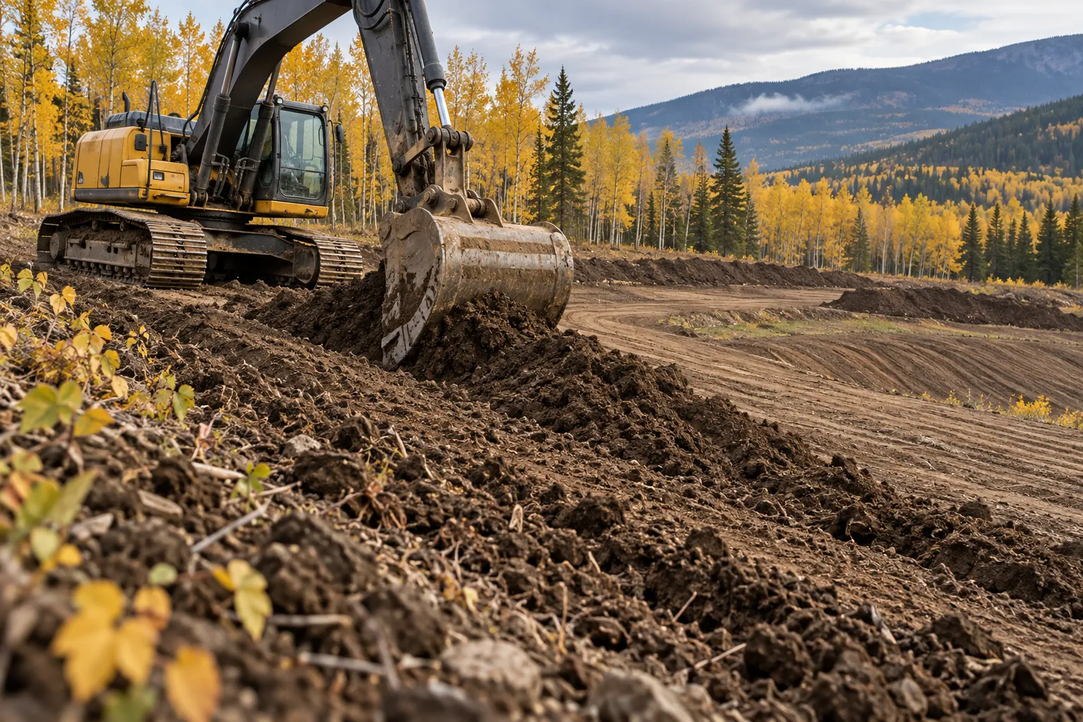 Excavator recontouring cleared ground