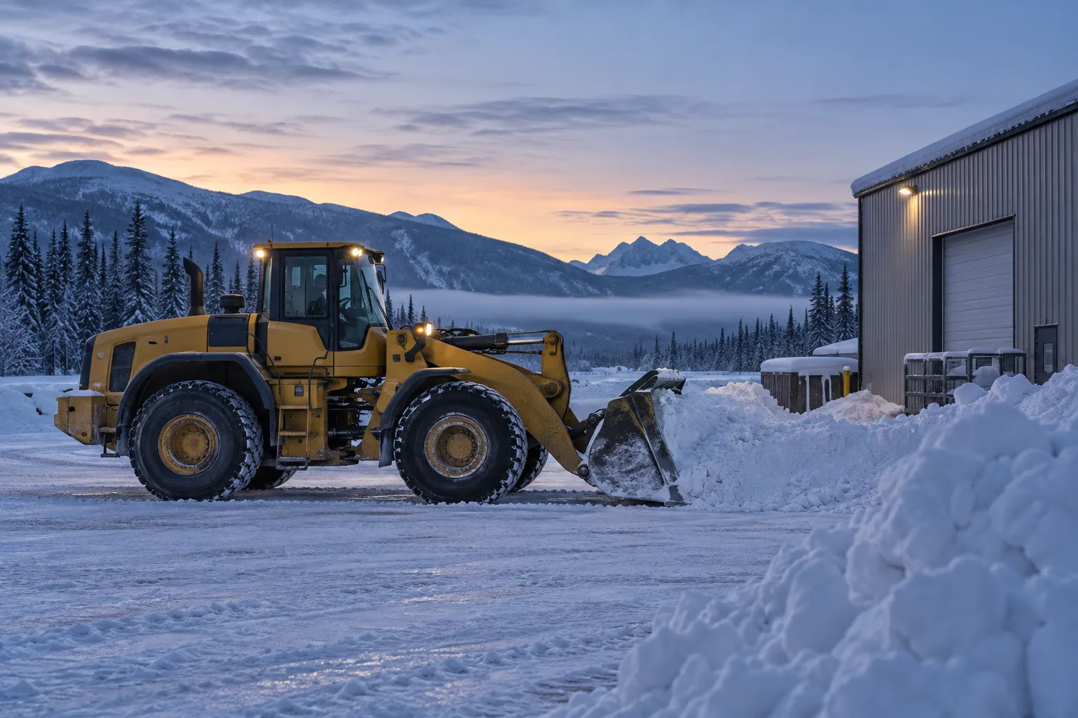 Wheel loader clearing snow from an industrial yard