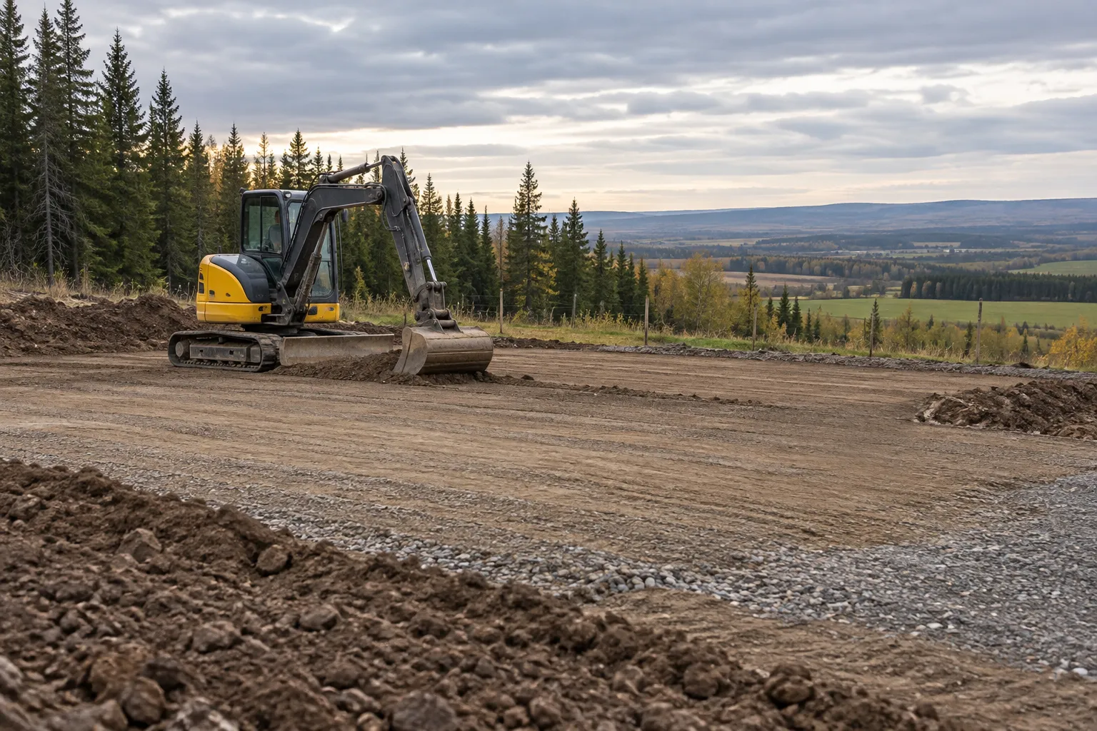 Excavator preparing a residential acreage pad
