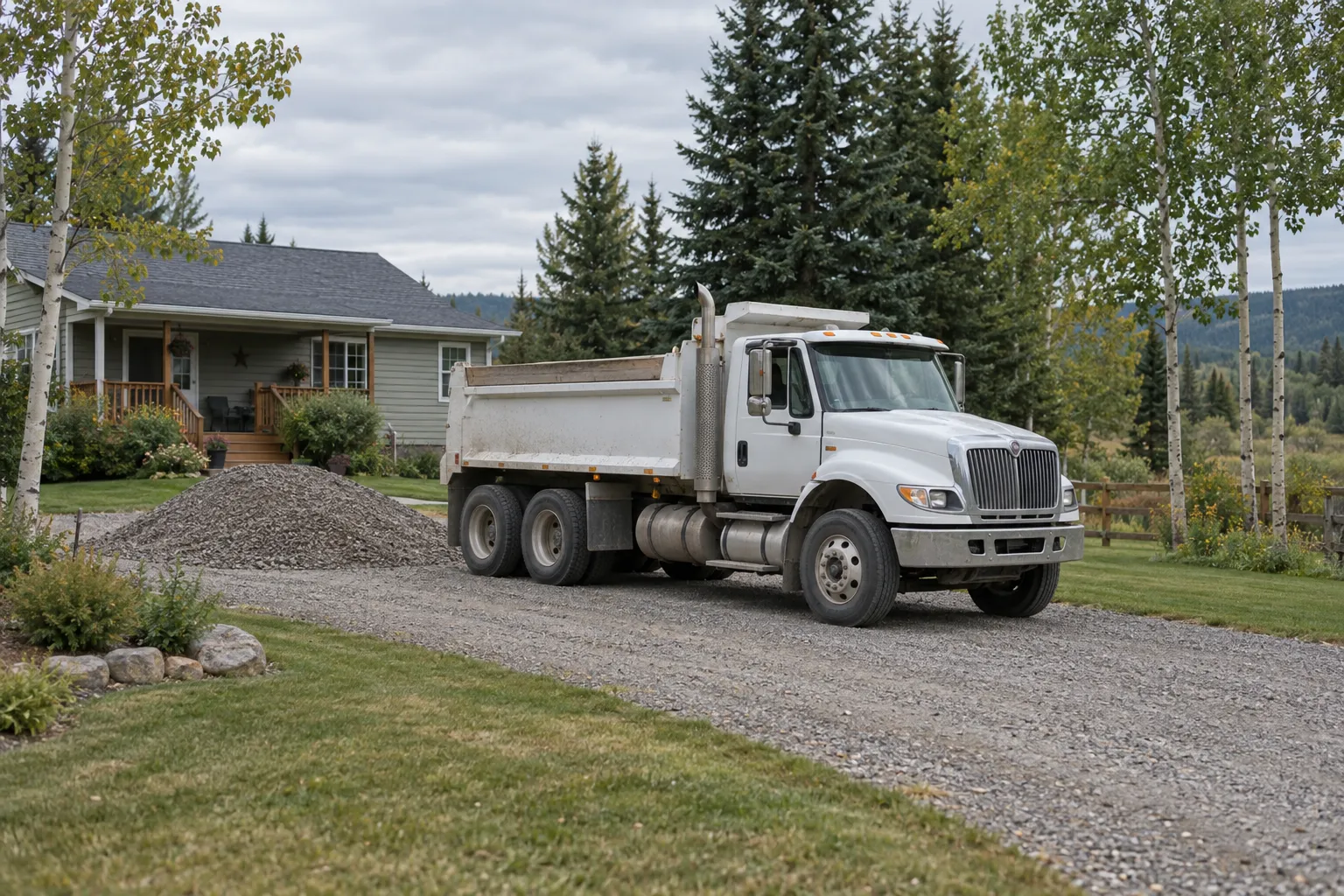 Illustration of a gravel delivery beside a rural home