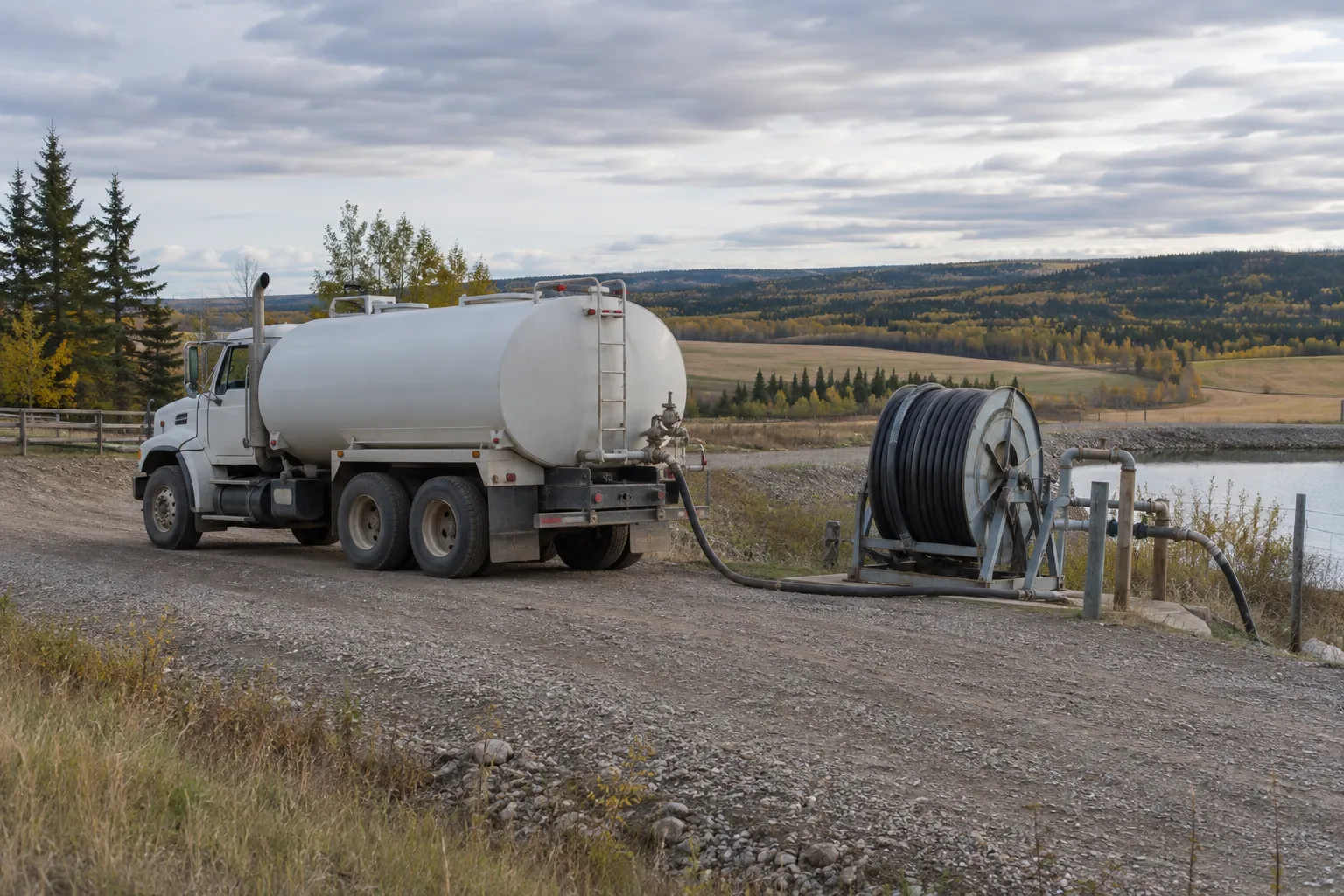 Water tank truck and hose equipment on a gravel access lane